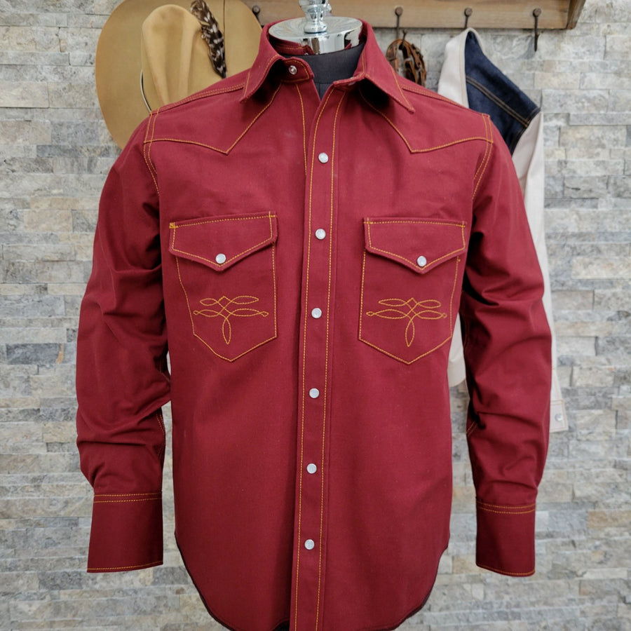 The Rambler- Men's Bootstitched Deep Red Selvedge Denim Western Shirt