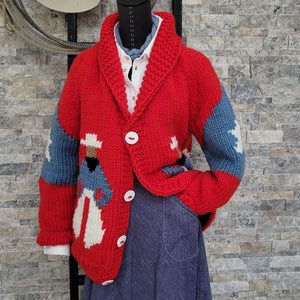 Cardigan- Handknit Cowboy Cardi (Red)