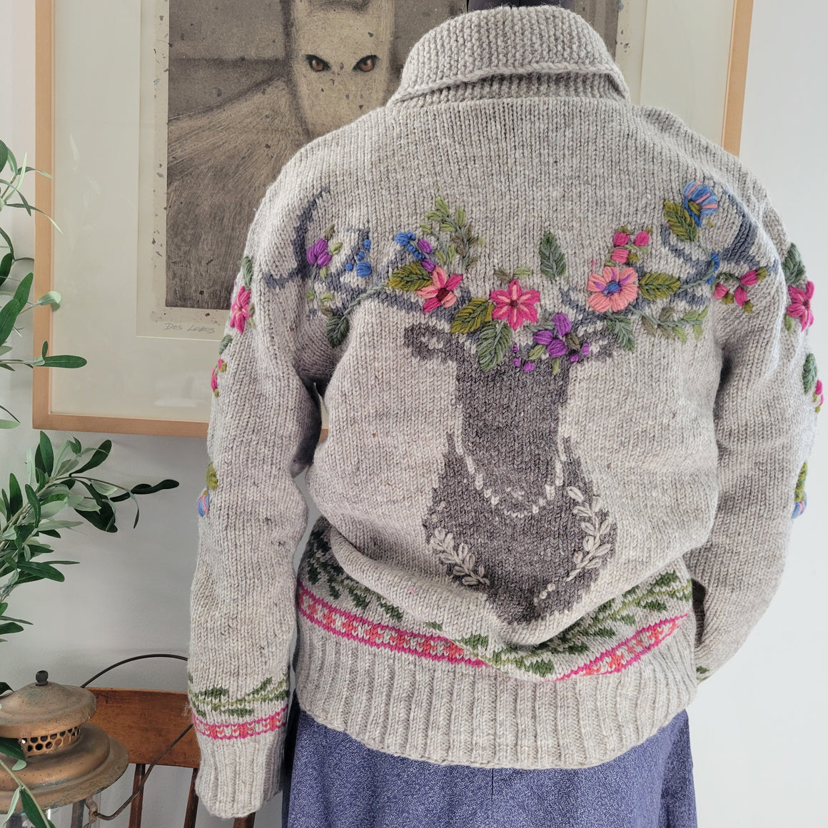 Sweater- Womens's Handknit Woodland Buck Cardigan