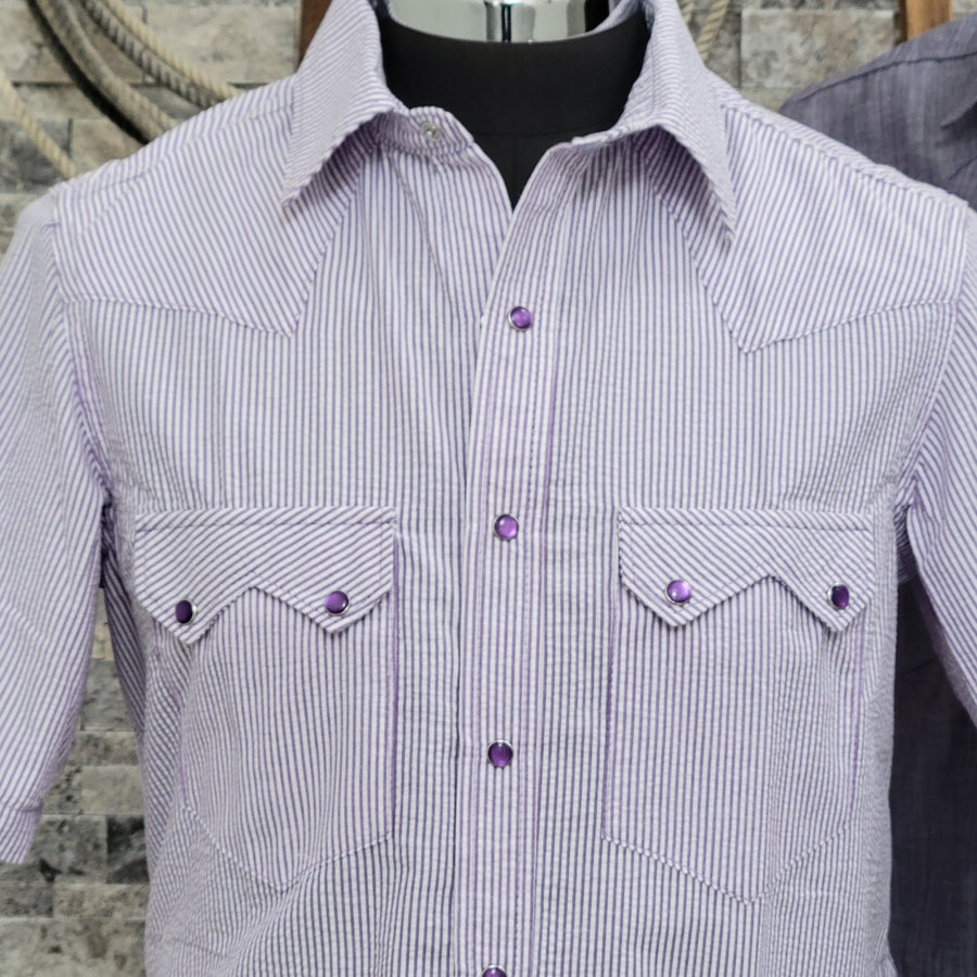 Sidekick- Men's Short Sleeve Seersucker Stripe Shirt (Purple)