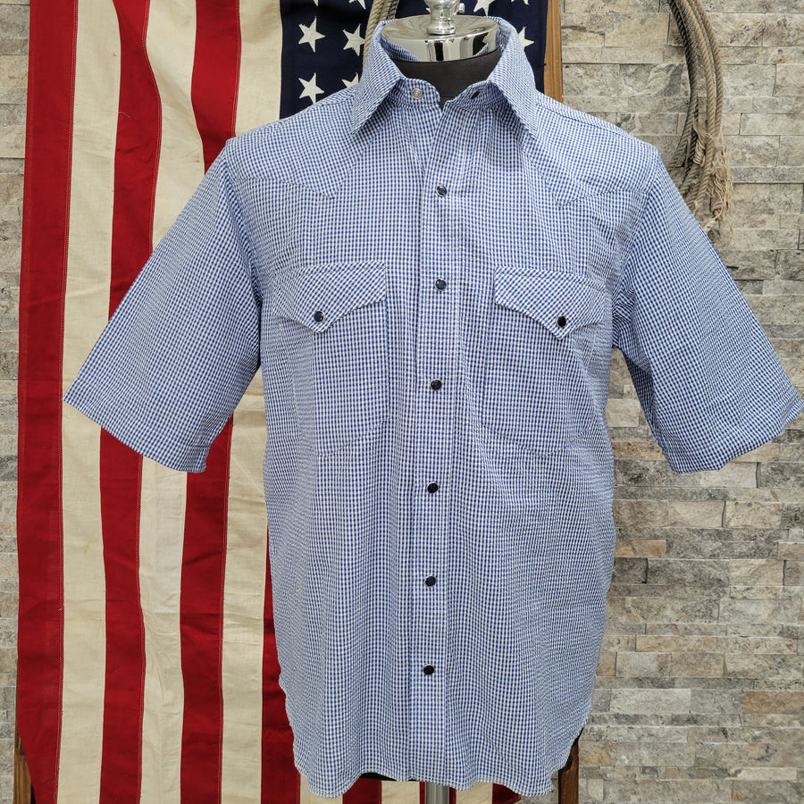 Wing Man- Men's Short Sleeve Seersucker Check (Blue)