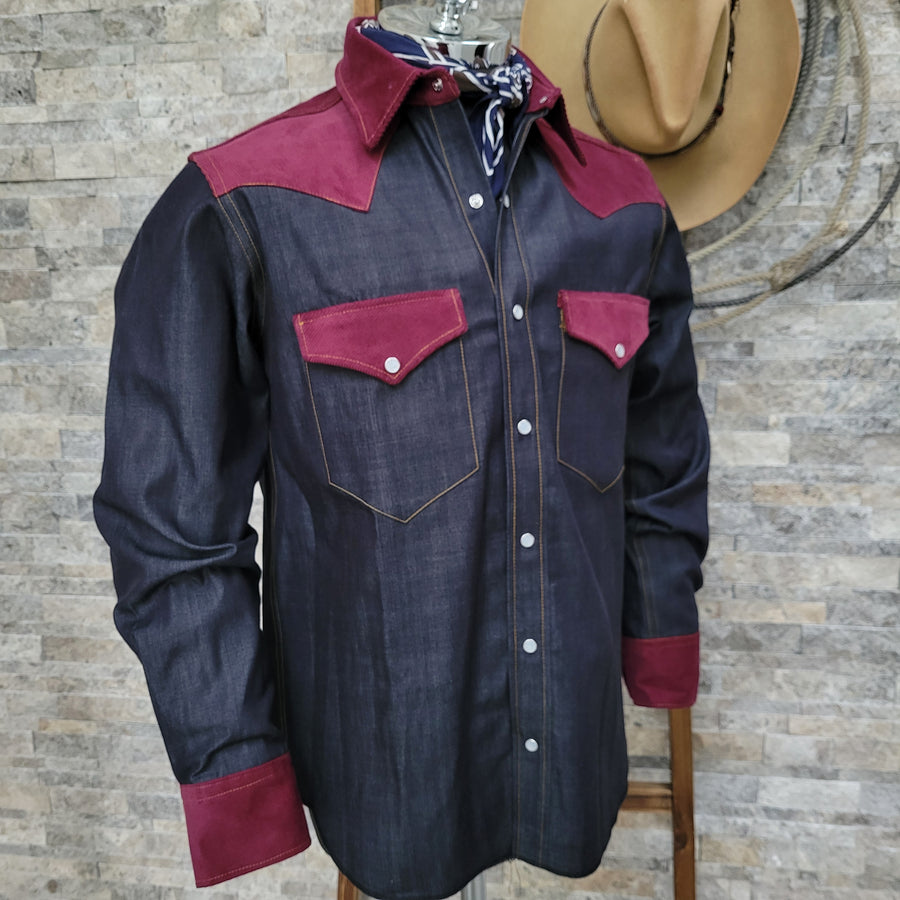 The Wanderer II- Men's Selvedge Denim Western Shirt with Corduroy Accents