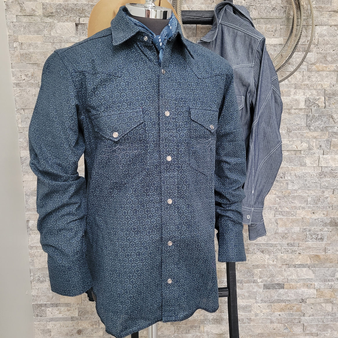 The Rambler- Men's Long Sleeve Mosaic Western Shirt (Indigo)
