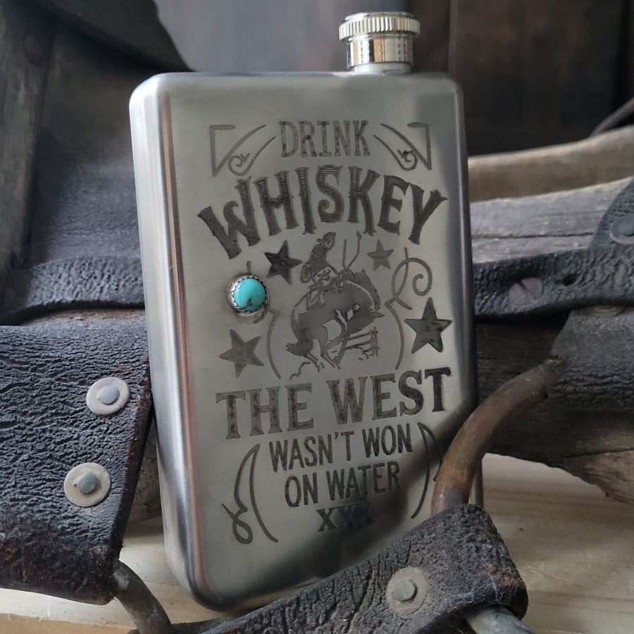 Flask- Stainless Western Conversation with Turquoise