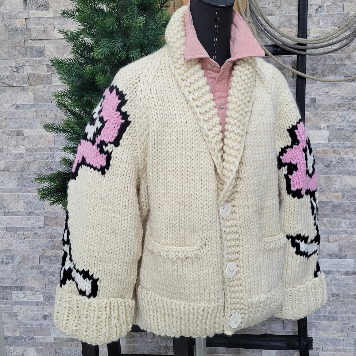 Cardigan- Handknit Floral Jacket (Vanilla)