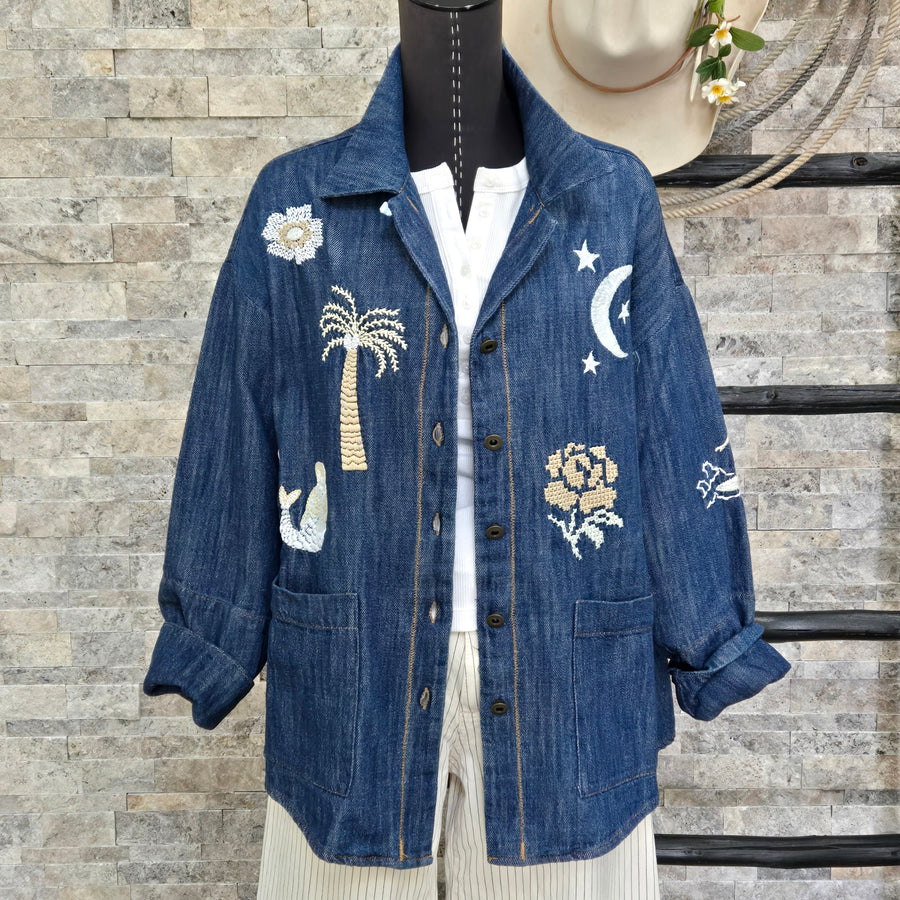 Chore Coat- Denim Embroidered Vacation