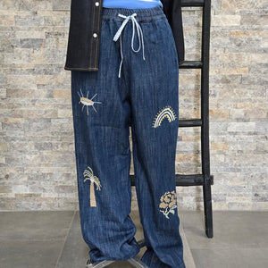 Beach pant- Denim Embroidered Vacation