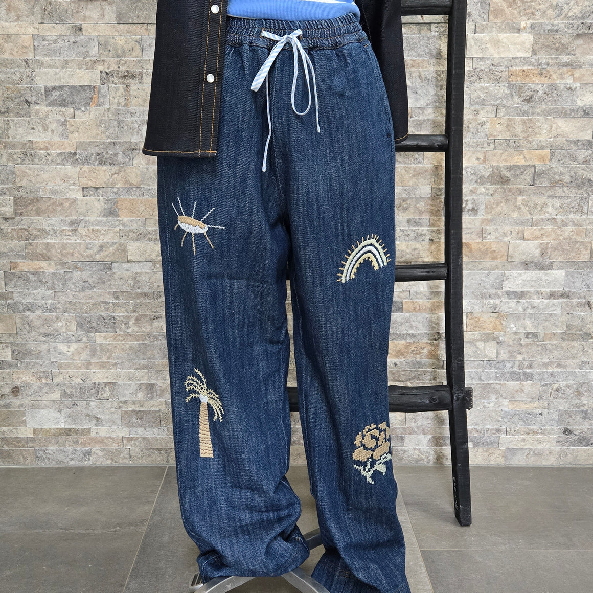 Beach pant- Denim Embroidered Vacation