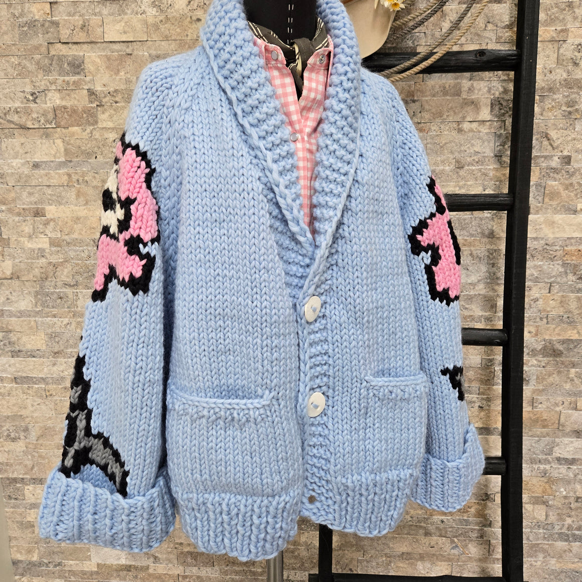 Cardigan- Handknit Floral Jacket (Blue Bird)