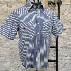 Saloon Stripe- Men's Luxury Short Sleeve Stripe Western Shirt (Blue)