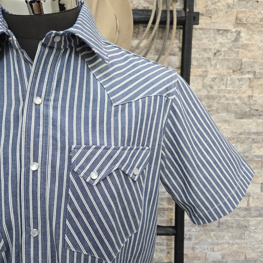 Saloon Stripe- Men's Luxury Short Sleeve Stripe Western Shirt (Blue)