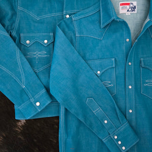 The Rambler- Men's Bootstitched Turquoise Selvedge Denim Shirt