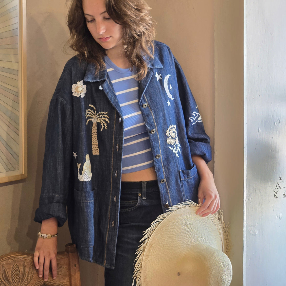 Chore Coat- Denim Embroidered Vacation