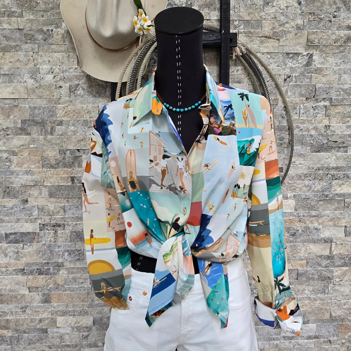 Silk Blouse- Surfer Photo Print