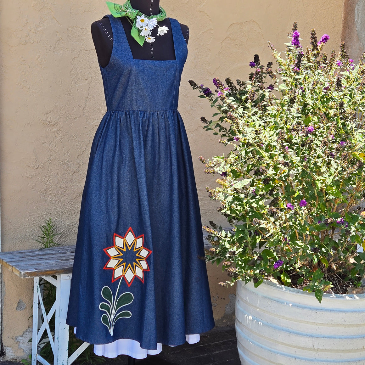 Dress- Geometric Garden Chainstitched Denim (sz.S)