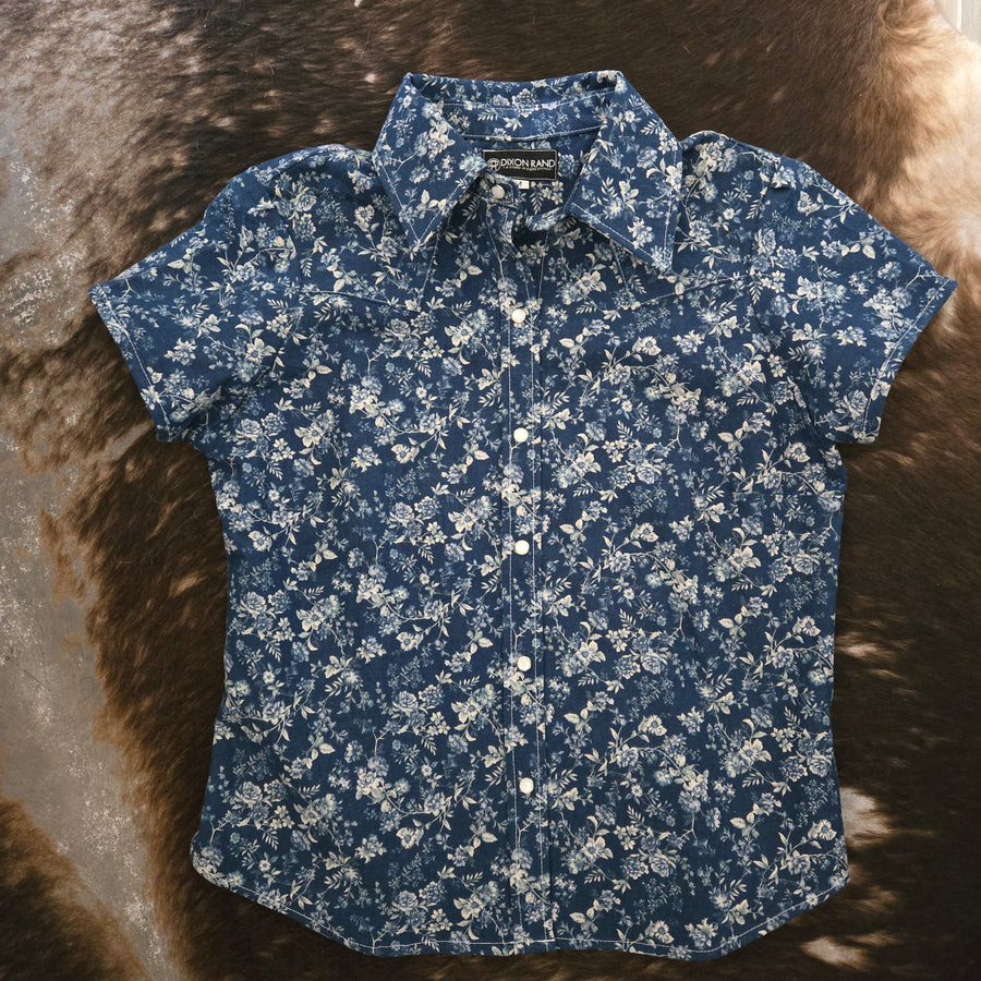 Dolly- Women's Garden Floral Short Sleeve Shirt (Blues)