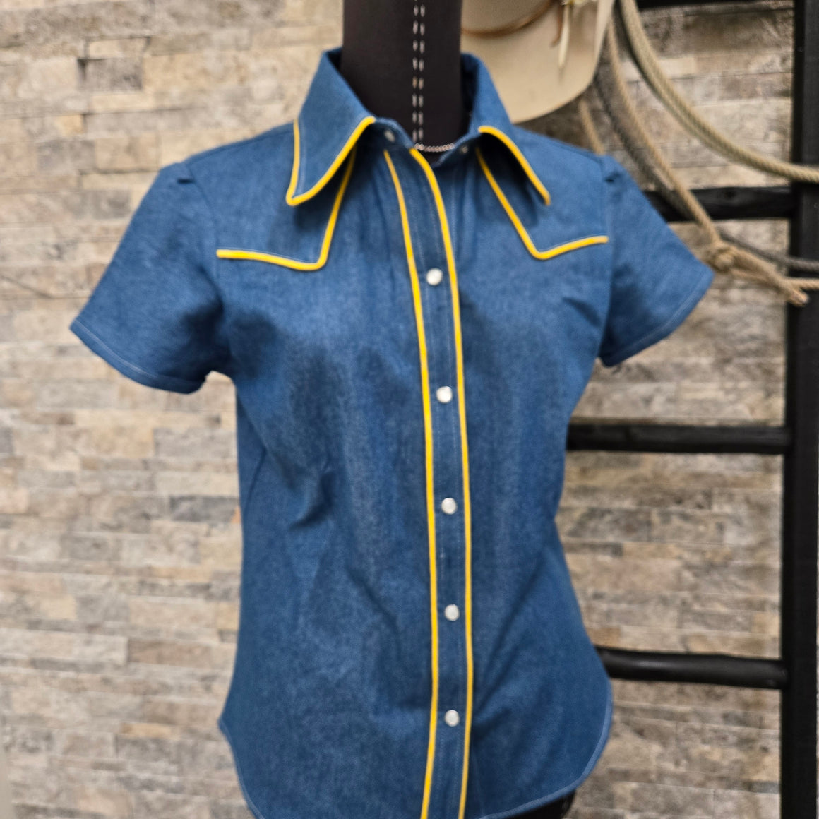 Reba- Women's Blue Denim Chambray Short Sleeve Shirt