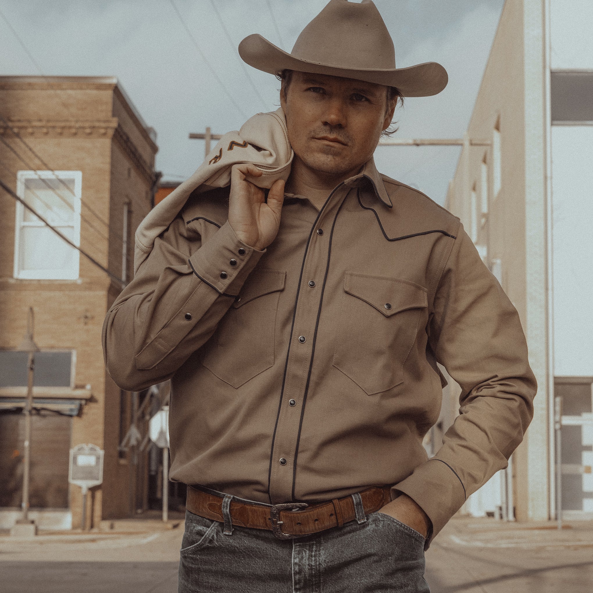 The Roper- Men's Tan Denim Piped Western Shirt - Dixon Rand The Roper- Men's Tan Denim Piped Western Shirt - Dixon Rand
