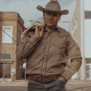 The Roper- Men's Tan Denim Piped Western Shirt