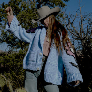 Cardigan- Handknit Floral Jacket (Blue Bird)