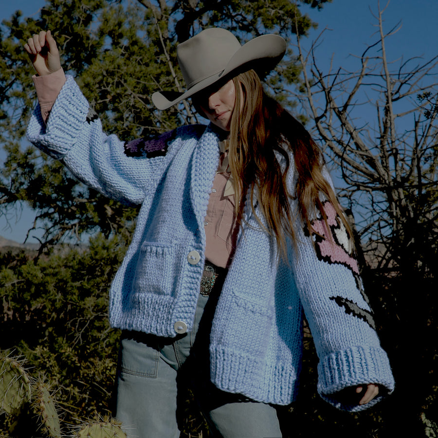 Cardigan- Handknit Floral Jacket (Blue Bird)