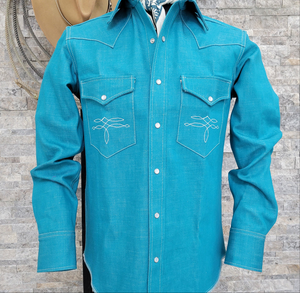 The Rambler- Men's Bootstitched Turquoise Selvedge Denim Shirt