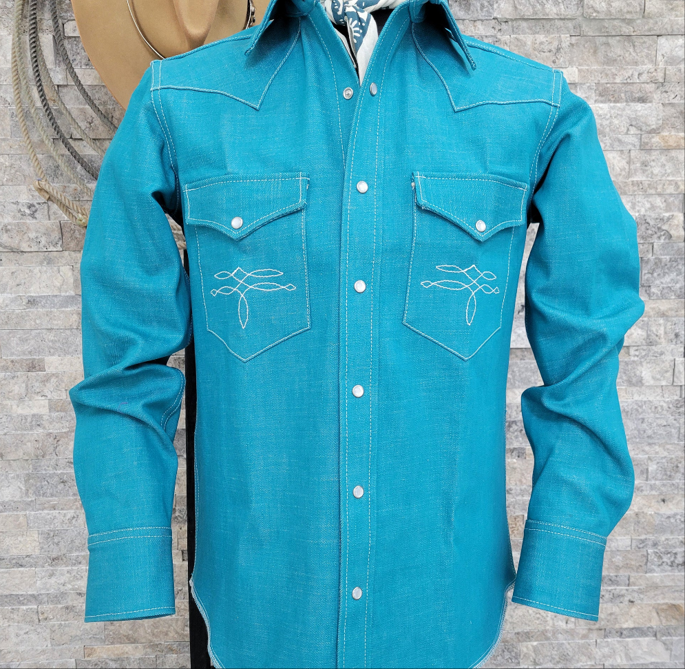 The Rambler- Men's Bootstitched Turquoise Selvedge Denim Shirt
