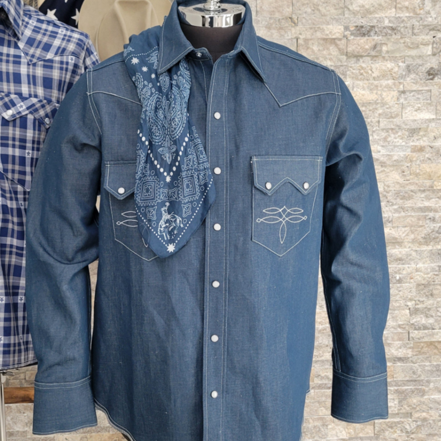 The Highwayman- Men's Blue Linen/Cotton Long Sleeve Western Shirt