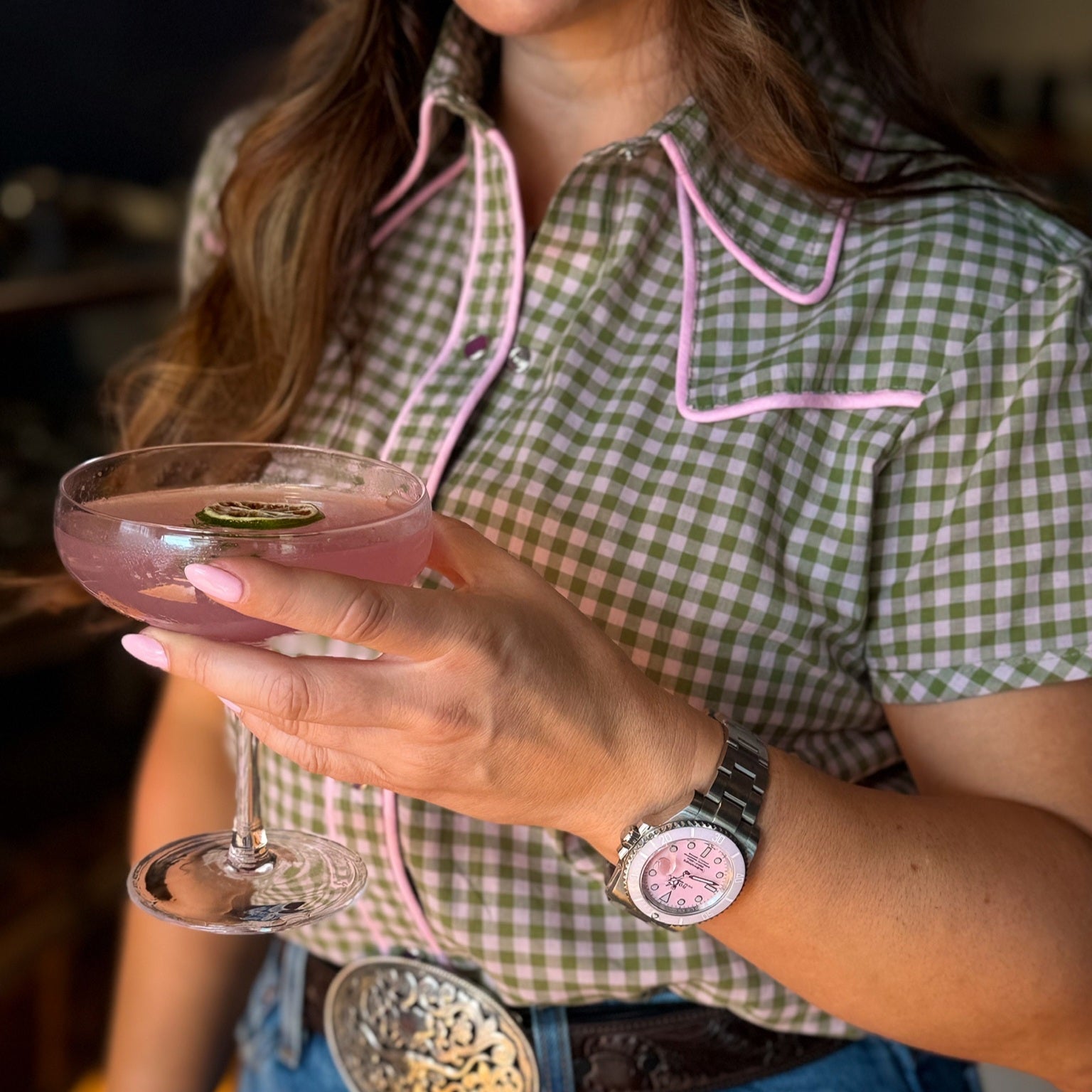 Reba- Women's Gingham Piped Short Sleeve Shirt