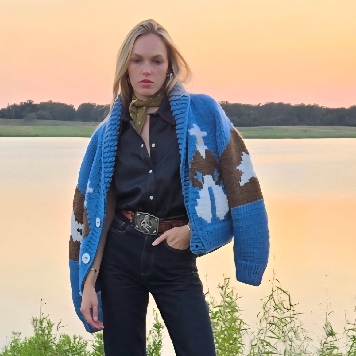 Cardigan- Handknit Cropped Cowboy Cardi (Denim)