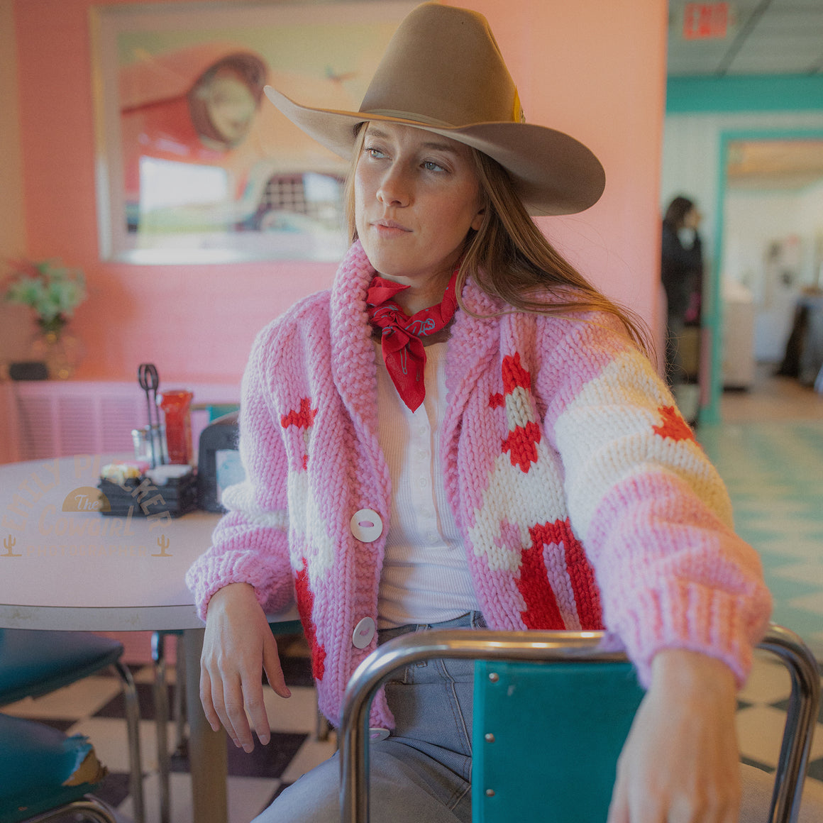 Cardigan- Handknit Cropped Cowboy Cardi (Bubblegum)