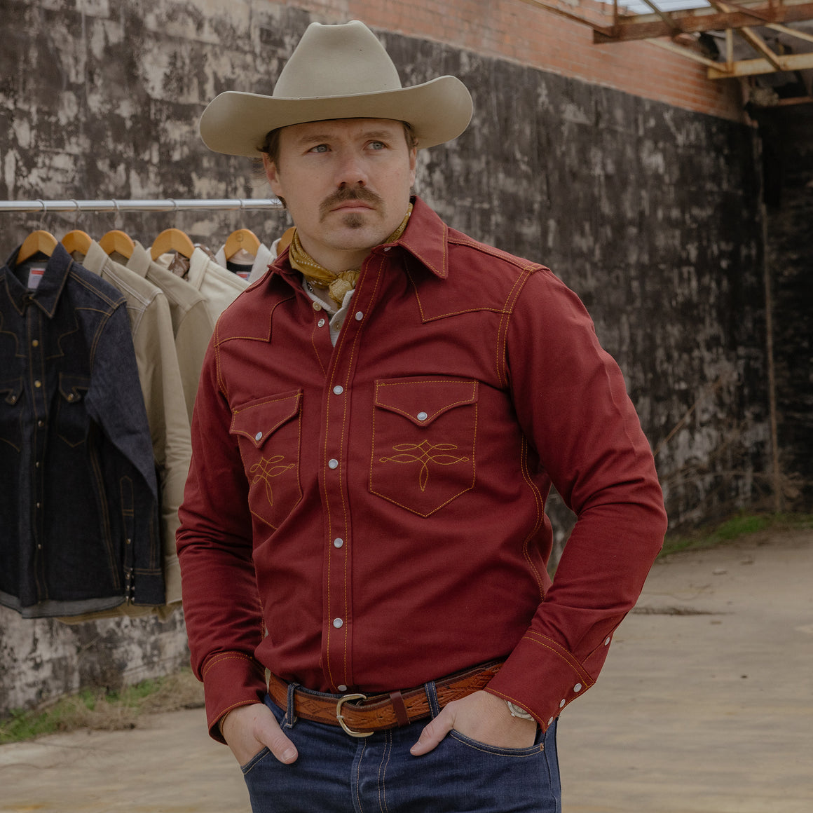 The Rambler- Men's Bootstitched Deep Red Selvedge Denim Western Shirt