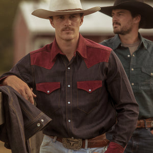 The Wanderer II- Men's Selvedge Denim Western Shirt with Corduroy Accents
