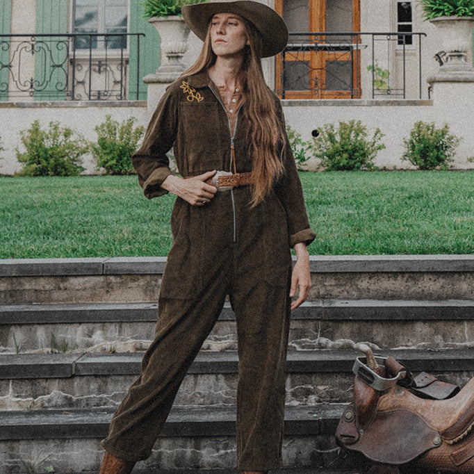 Coverall- Chainstitched Olive Corduroy Field Bloom