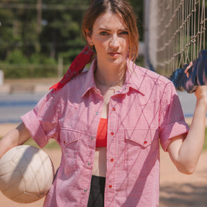 Wing Man- Men's Short Sleeve Seersucker Check (Red)