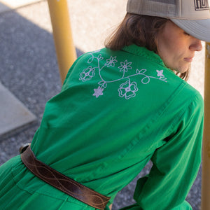 Coverall- Chainstitched Grass Green Field Bloom (sz.S & L)