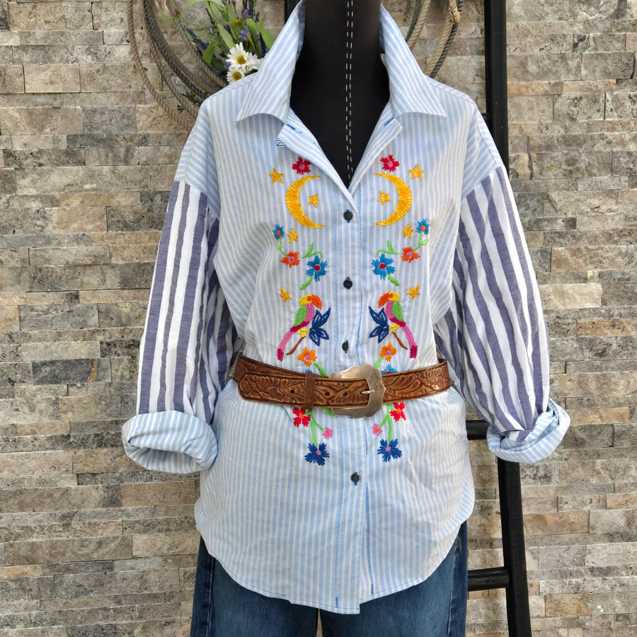 Blouse- Embroidered Gardenia (Blue Sky)