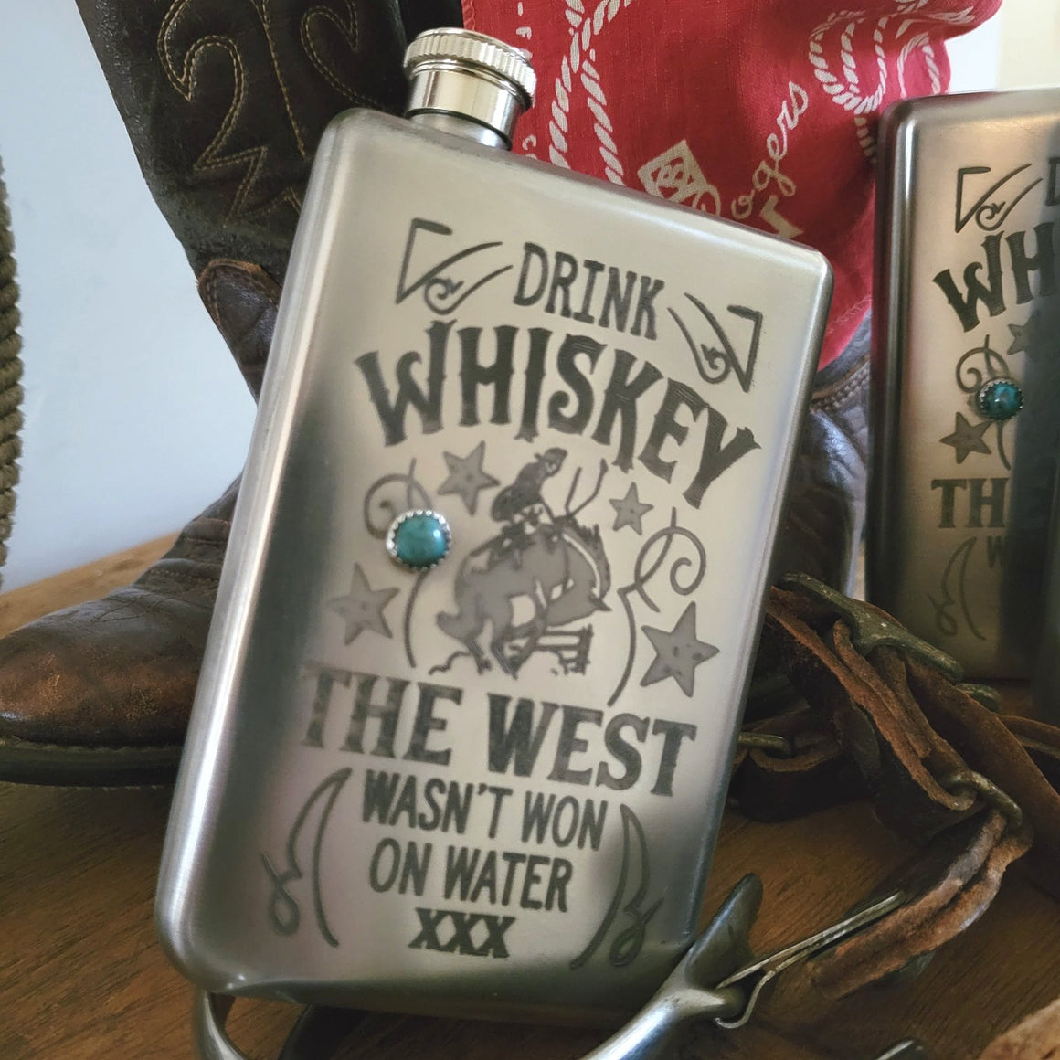 Flask- Stainless Western Conversation with Turquoise