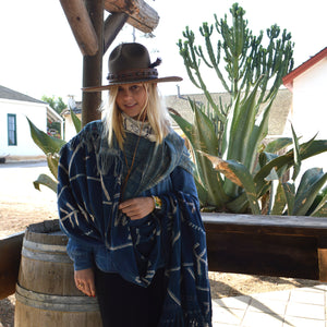 Santa Fe Plaza Shawl- Pieced Indigo 'Celebration Hands' with Boro Accents