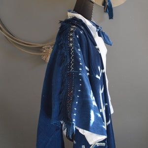 Santa Fe Plaza Shawl- Pieced Indigo 'Celebration Hands' with Boro Accents