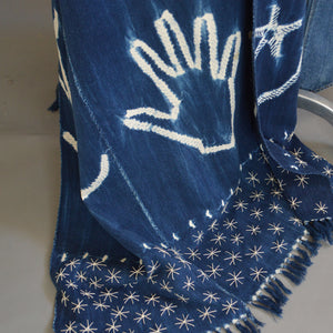 Santa Fe Plaza Shawl- Pieced Indigo 'Celebration Hands' with Boro Accents