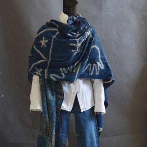 Santa Fe Plaza Shawl- Pieced Indigo 'Celebration Hands' with Boro Accents