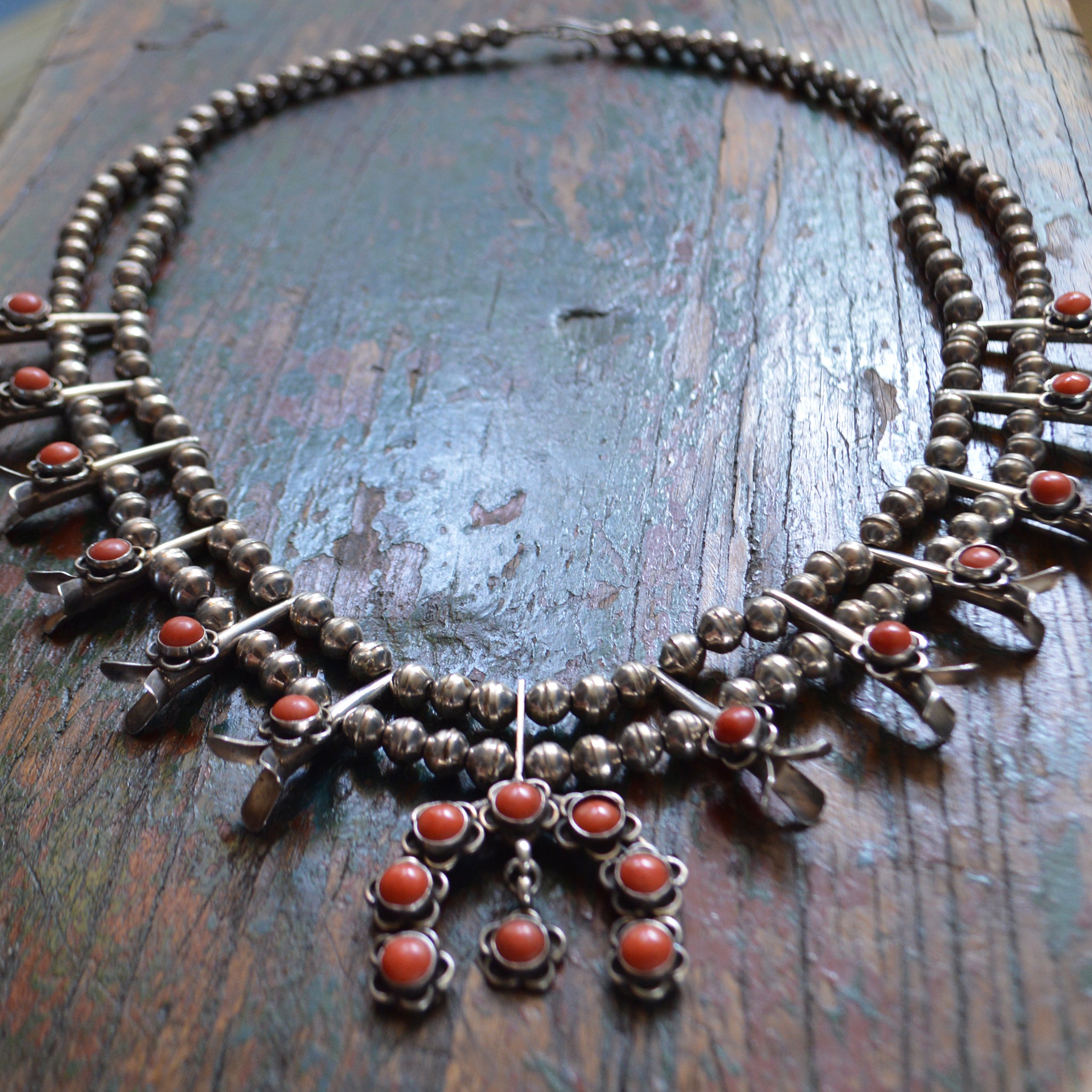 Vintage Necklace- Sterling Squash Blossom with Coral - Dixon