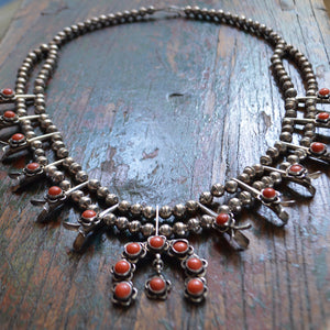 Vintage Necklace- Sterling Squash Blossom with Coral