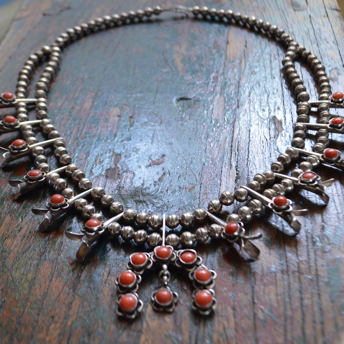 Vintage Necklace- Sterling Squash Blossom with Coral