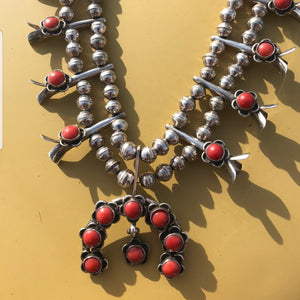 Vintage Necklace- Sterling Squash Blossom with Coral