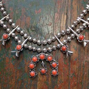 Vintage Necklace- Sterling Squash Blossom with Coral